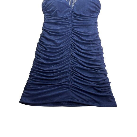 Honey and Rosie Navy Blue Mesh Lace Back Ruched Bodycon Mini Dress Size M - Picture 3 of 9